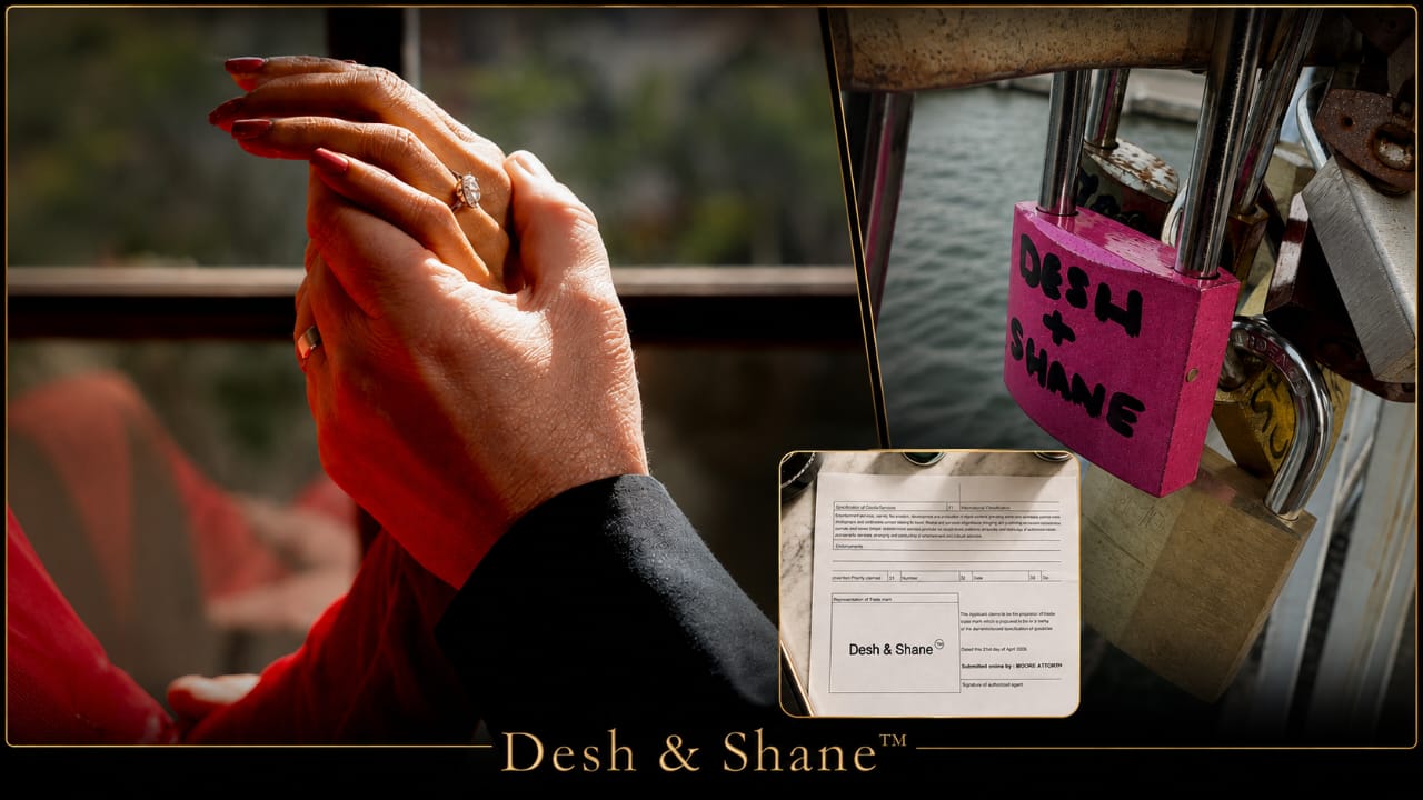 Desh and Shane's hands with the engagement ring, and their padlock on a Paris bridge
