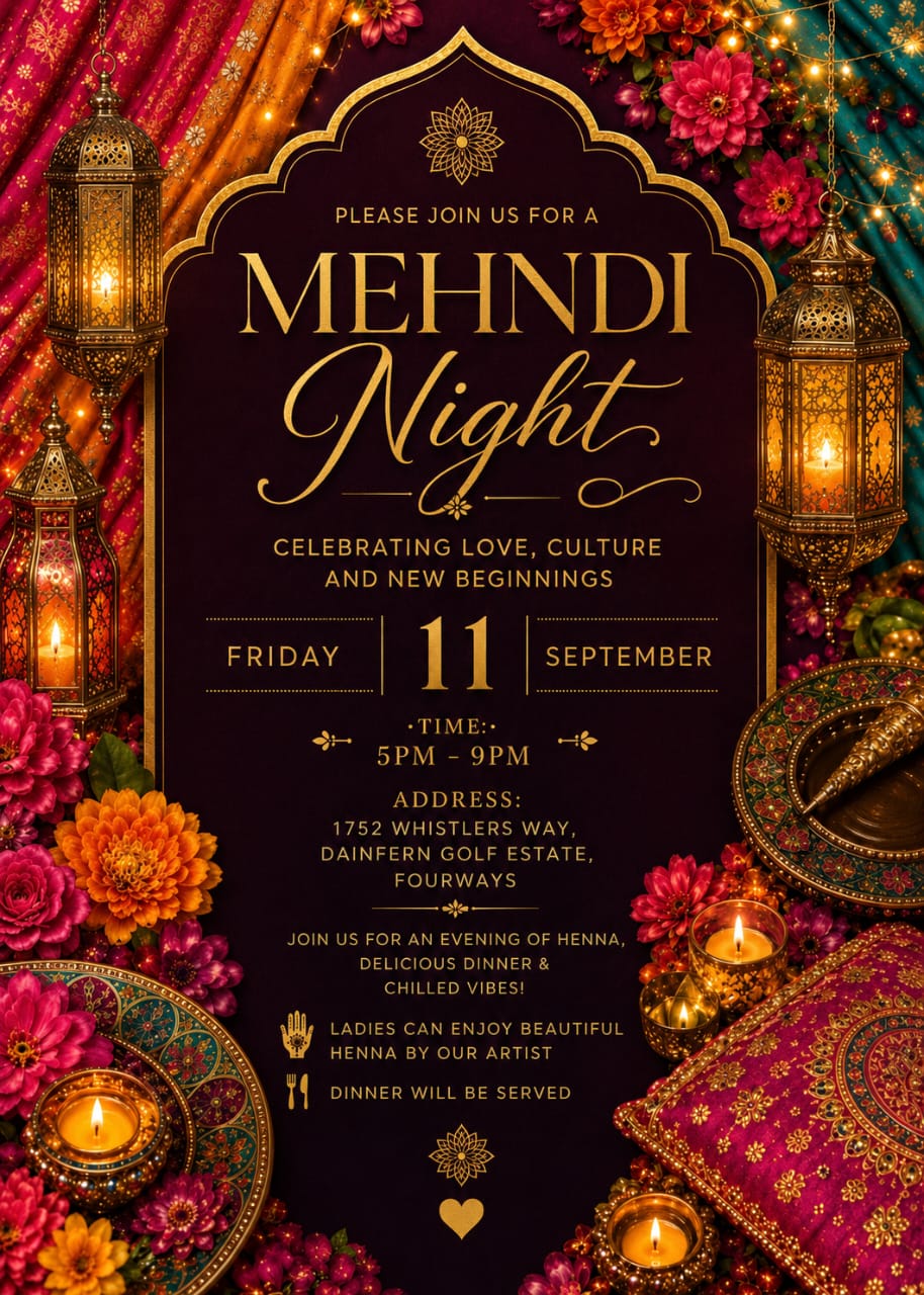 Mehndi Night invitation for Friday 11 September 2026, 5 PM to 9 PM, 1752 Whistlers Way, Dainfern Golf Estate, Fourways